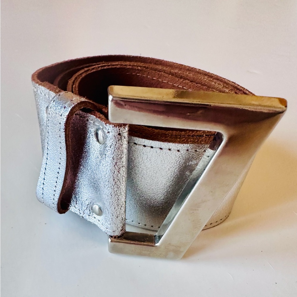 Genuine Leather Metallic Silver Belt Cary Kraft M/L - Picture 4 of 6